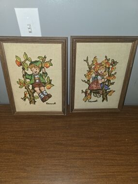 Vintage Wall Art Crewel Needlework Hummels Wood Framed Set 2